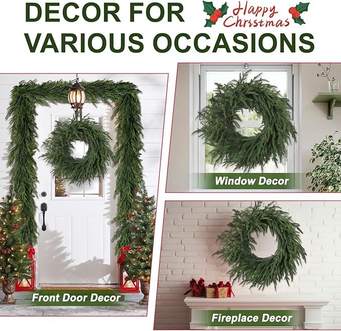 Artgar 24 Inch Christmas Pine Wreath Christmas Wreaths for Front Door, Real Touch Artificial Green Pine Wreath for Home Indoor Outdoor Wall Window Porch Farmhouse Winter Decor