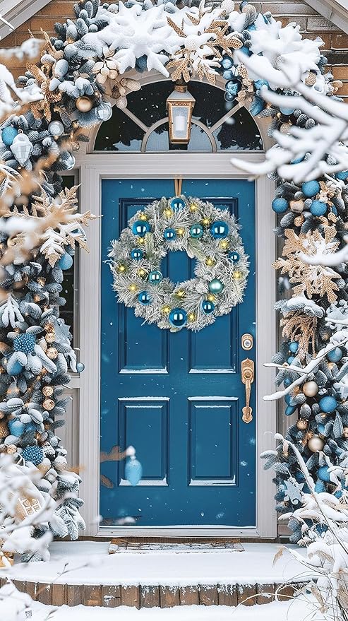 24 inch Christmas Wreath,Winter Pine Wreaths with Blue Ball LED Lights for Front Door for Fireplace Xmas Decorations, Wall Window Indoor Outdoor Decor