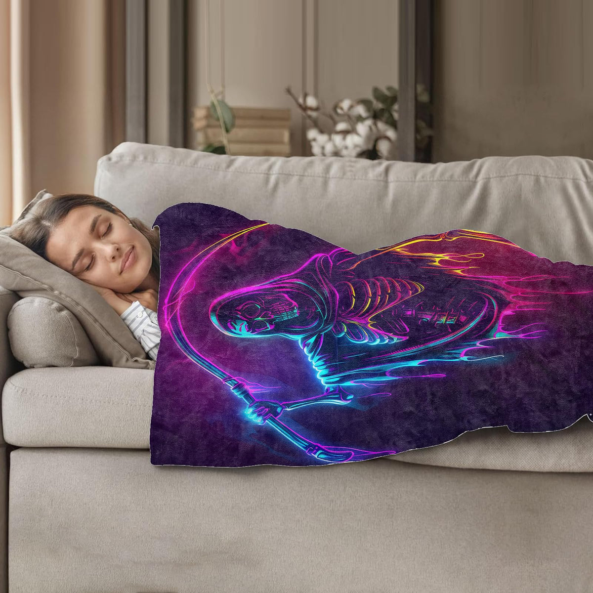 Plistiz Neon Grim Reaper Throw Blanket 50x60, Bold Halloween Design Blankets for Living Room Decor, Plush Flannel Polyester Spooky Gifts for Horror Enthusiasts and Adults