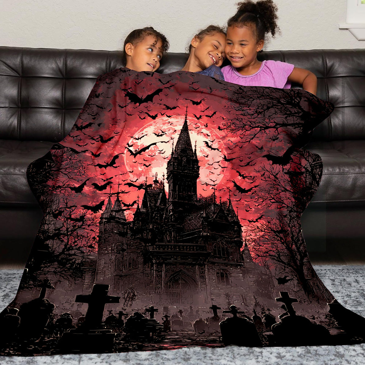 Gothic Blanket for Girls Boys Women Men, Soft Vintage Black Gothic Horror Tombstone Castle Bat Blanket for Kids Adults, Goth Gifts for Halloween, Warm Cozy Plush Fleece Flannel Throw Blankets 50"X40"