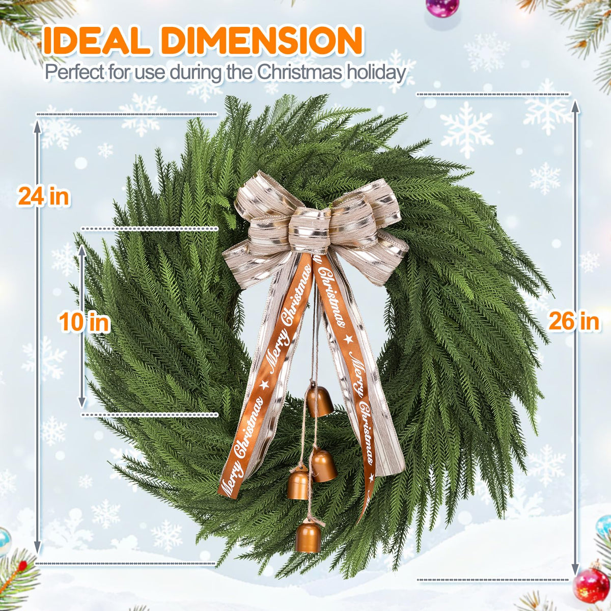 Real Touch Norfolk Pine Wreath for Front Door, 24'' Christmas Wreaths with Bow & Bells, Large Faux Cedar Pine Green Wreath for Wall Window Home Farmhouse Decorations Outdoor Indoor