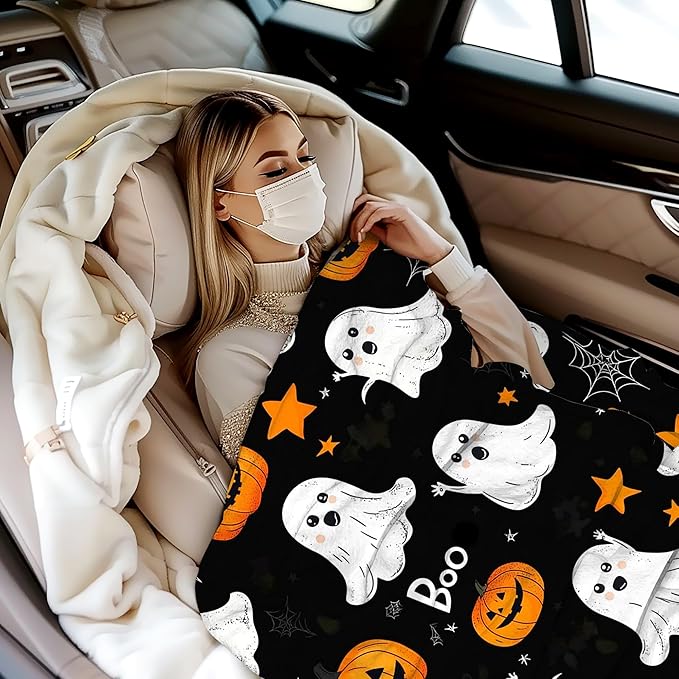 Throw Blanket, Halloween Blanket Cartoon Ghost Pumpkin Throw Blankets for Bed Kids Adults, Lightweight Cozy Blanket for Living Room, Bedroom 50"x60"