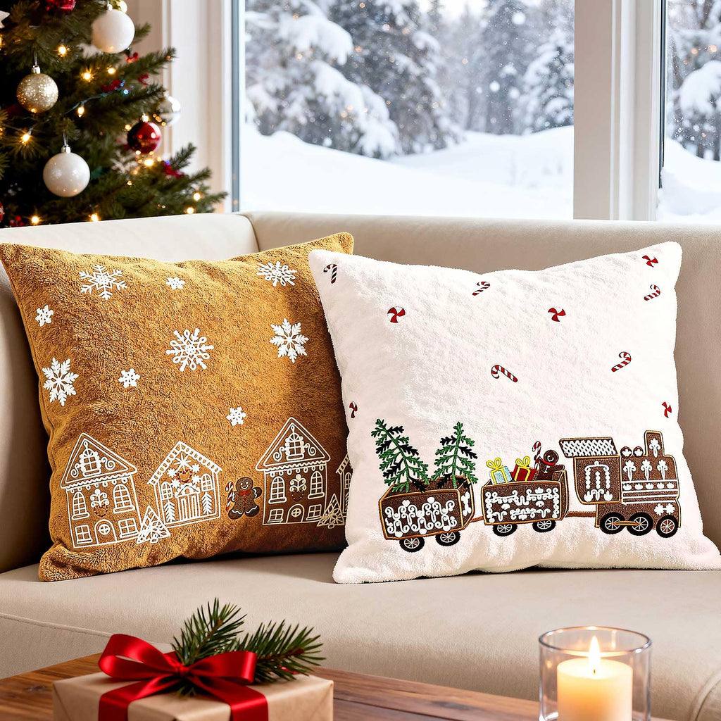 Lanpn 16x16 Christmas Pillow Covers Set of 2, Embroidery Gingerbread Man House Decorative Holiday Pillowcase Pillow Case Cushion 16 x 16 for Indoor Home Bedroom Sofa Couch Xmas Decor