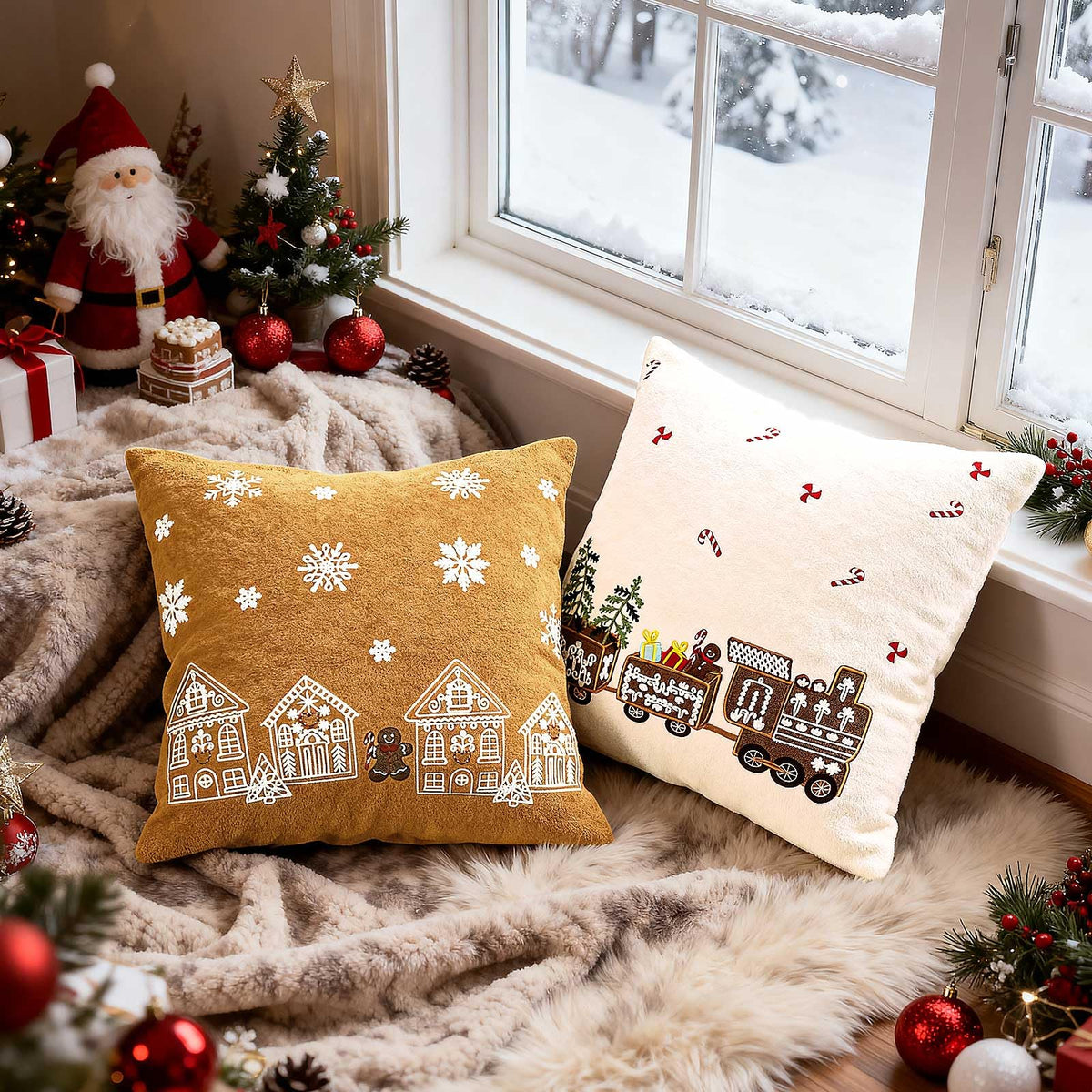 Lanpn 18x18 Christmas Pillow Covers Set of 2, Embroidery Gingerbread Man House Decorative Holiday Pillowcase Pillow Case Cushion 18 x 18 for Indoor Home Bedroom Sofa Couch Xmas Decor