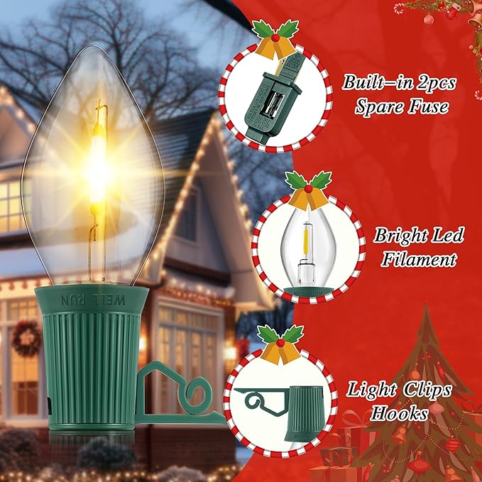 25 FT C9 LED Christmas Lights Outdoor with Clips, Large Bulb Christmas String Lights with Christmas Light Clips, Warm White Christmas Roofline Lights for House and Garden Xmas Decoration