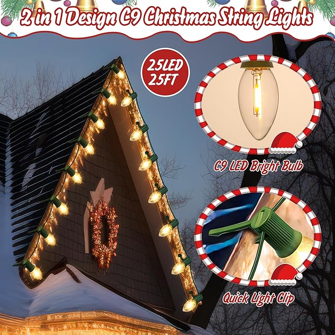 25 FT C9 LED Christmas Lights Outdoor with Clips, Large Bulb Christmas String Lights with Christmas Light Clips, Warm White Christmas Roofline Lights for House and Garden Xmas Decoration