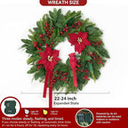 Pre-Lit Christmas Wreaths for Front Door 24 Inch Christmas Wreath with Lights,Large Winter Wreath with Cardinal Birds,Poinsettia,Green Evergreen Pine Needles Red Berries Holiday Wreath Decor