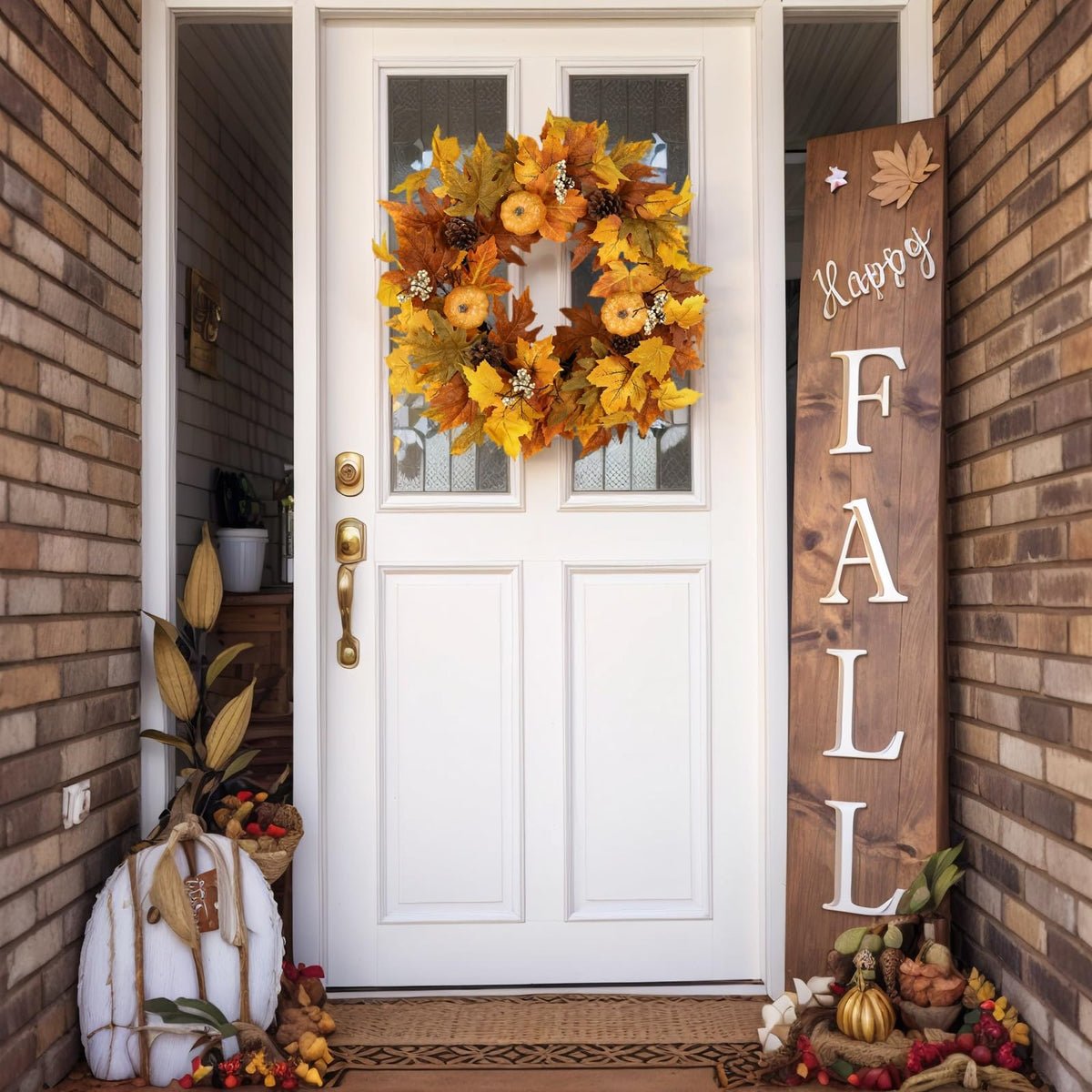 Zmtyykh Fall Wreaths for Front Door Outside Autumn Wreath with Lights Berries Pine Cones Fall Decorations for Home Decor Pumpkin Wreath for Farmhouse Holiday Thanksgiving Harvest Halloween Outdoor