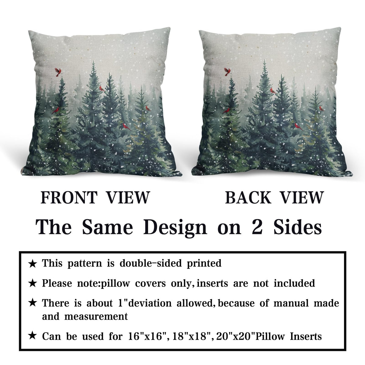 Evlaschin Winter Trees Throw Pillow Covers Set of 2 Watercolor Christmas Pine Tree Birds Decorative Pillowcases 18x18in Cotton Linen Double Sided for Couch Holiday Indoor Outdoor Farmhouse