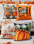 TOYPOPOR Fall Decorations Pillow Covers Double-Side Printing 16'' x 16'' Set of 4, Pumpkins Thankful Blessed Buffalo Plaid Fallen Leaves Thanksgiving Throw Cushion Cases for Outdoor Indoor Home Decor
