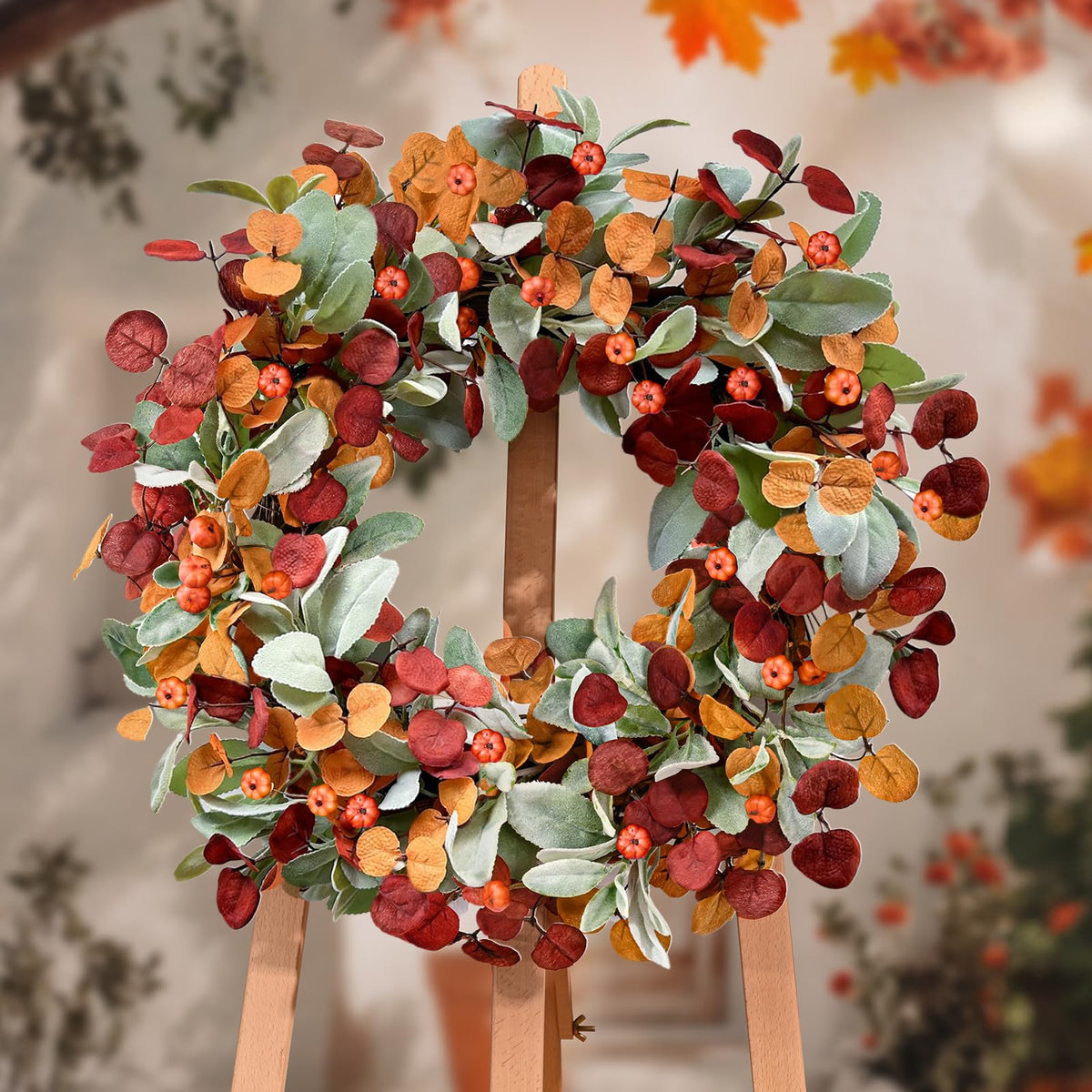 Waipfaru Fall Decor, 22 Inch Fall Wreaths for Front Door, Autumn Door Wreath with Lambs Ears Leave Eucalyptus Leaves Pumpkin Thanksgiving Harvest Halloween Farmhouse Home Outdoor Porch Indoor Decor