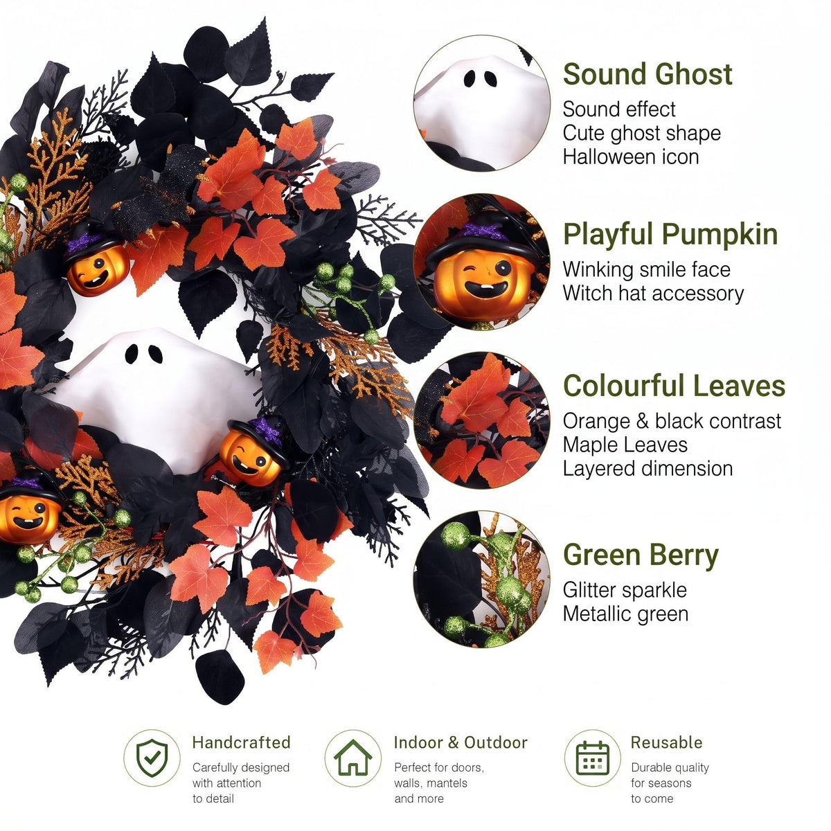 DecorbyHannah Voice Control Halloween Wreath with Lights for Front Door, 18 Inch Pre-Lit Ghost Jack-o'-Lantern Pumpkins Wreath Halloween Spooky Decorations for Home Porch Wall Indoor Outdoor Decor