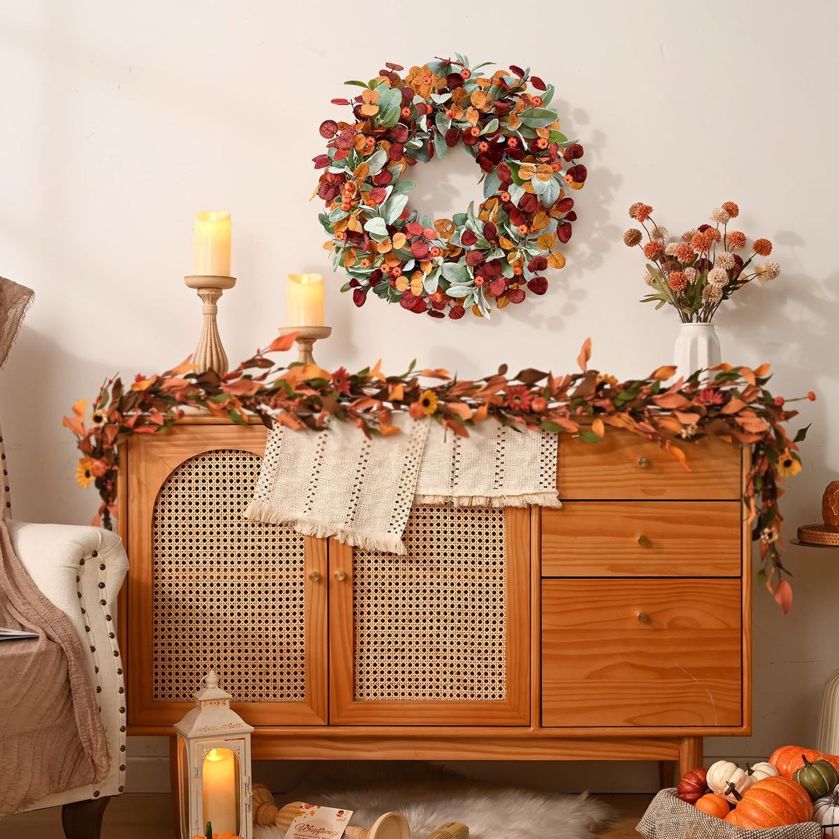 Waipfaru Fall Decor, 22 Inch Fall Wreaths for Front Door, Autumn Door Wreath with Lambs Ears Leave Eucalyptus Leaves Pumpkin Thanksgiving Harvest Halloween Farmhouse Home Outdoor Porch Indoor Decor