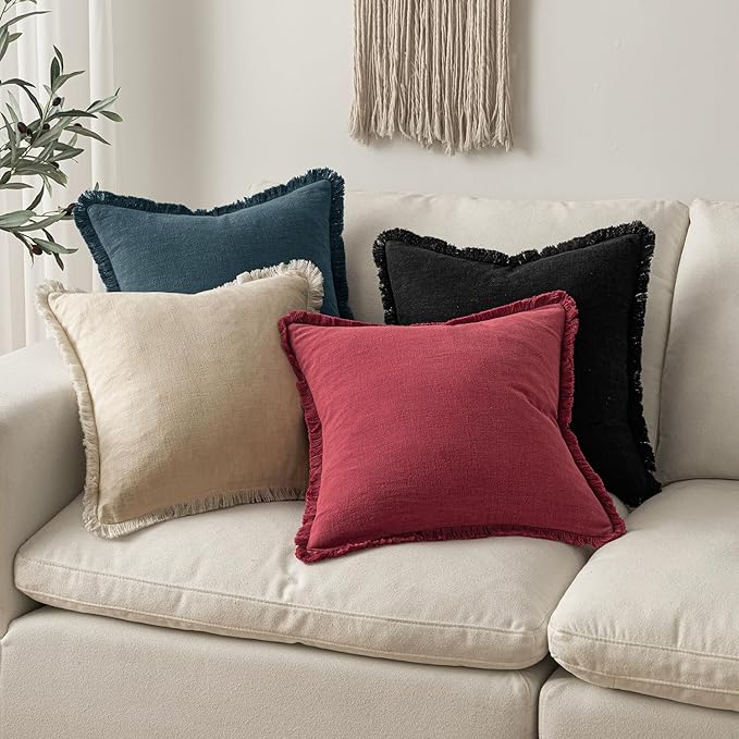 MIULEE Christmas Decorative Throw Pillow Covers Neutral Linen Fringe Throw Pillows Set of 2 Burgundy Boho Farmhouse Cushion Covers with Tassels for Couch Sofa Bed Living Room Home Decor 20x20 Inch