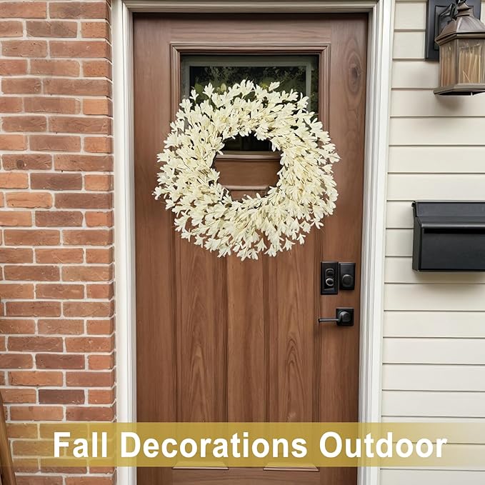 26 Inch Realistic Fall Wreaths for Front Door Outside Autumn Wreath Outdoor Indoors Fall Decorations for Home Thanksgiving Halloween Holiday Decorations Clearance for Wall Porch Door (Fall White)