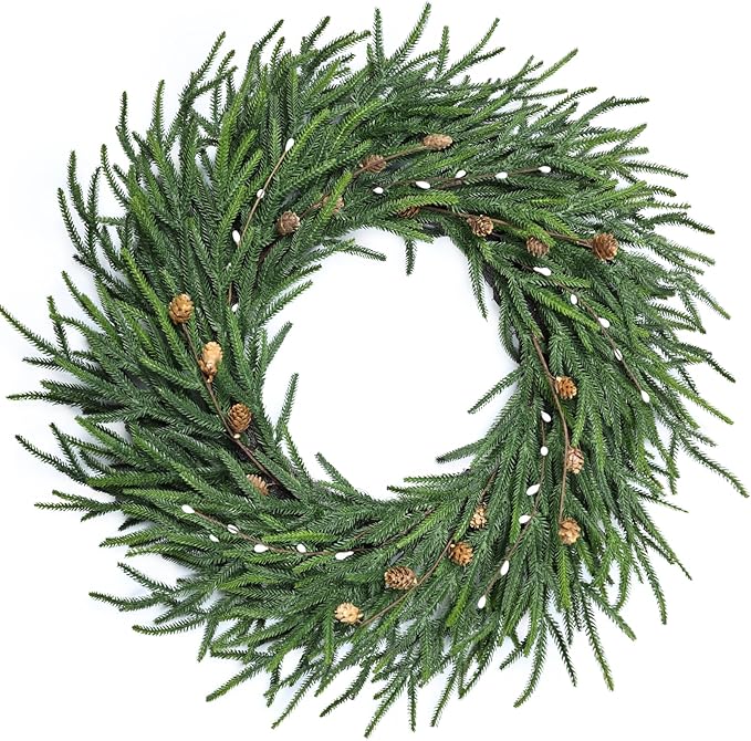 24 Inch Pine Wreath Christmas Wreaths for Front Door, Real Touch Pine Wreath with White Berries Artificial Green Wreaths for Walls Windows Porches Farmhouse Indoor Outdoor Home Decor