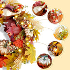 Fall Wreaths for Front Door,Sunflower Autumn Wreath with Lights,Pumpkins and Bows,for Thanksgiving Halloween Farmhouse Indoor Outdoor Outside (Golden Pumpkin)
