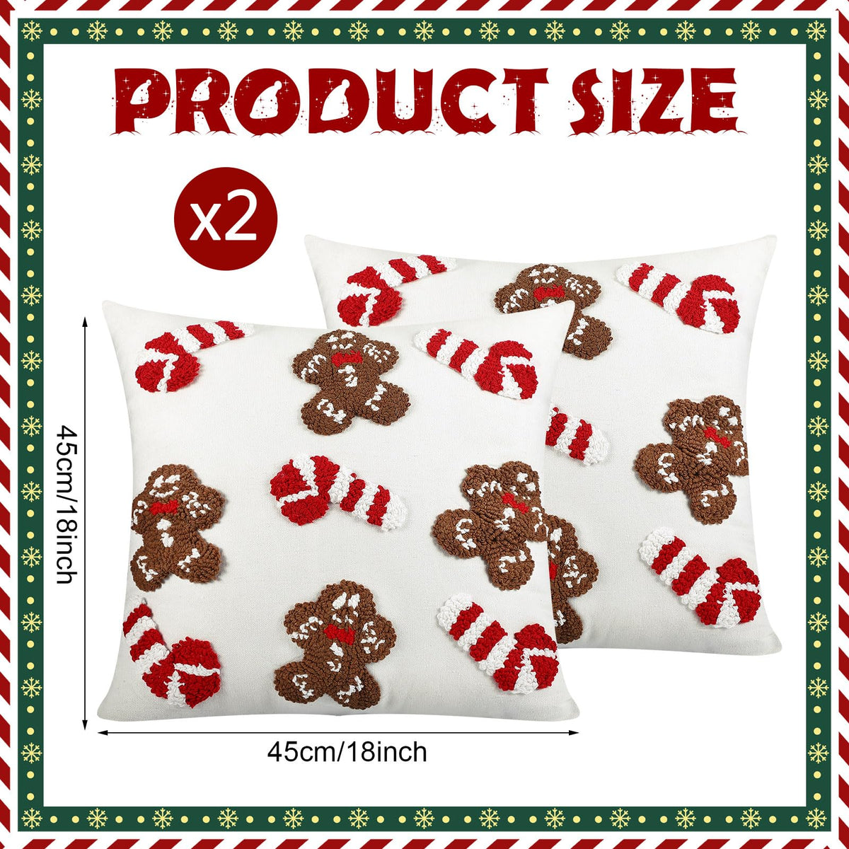 Mixweer 2 Pcs Tufted Christmas Throw Pillow Cover 18 x 18 Inch Gingerbread Pillow Covers 3D Candy Xmas Pillows Case Decorative Soft Cushion Cover for Sofa Couch Bed Room