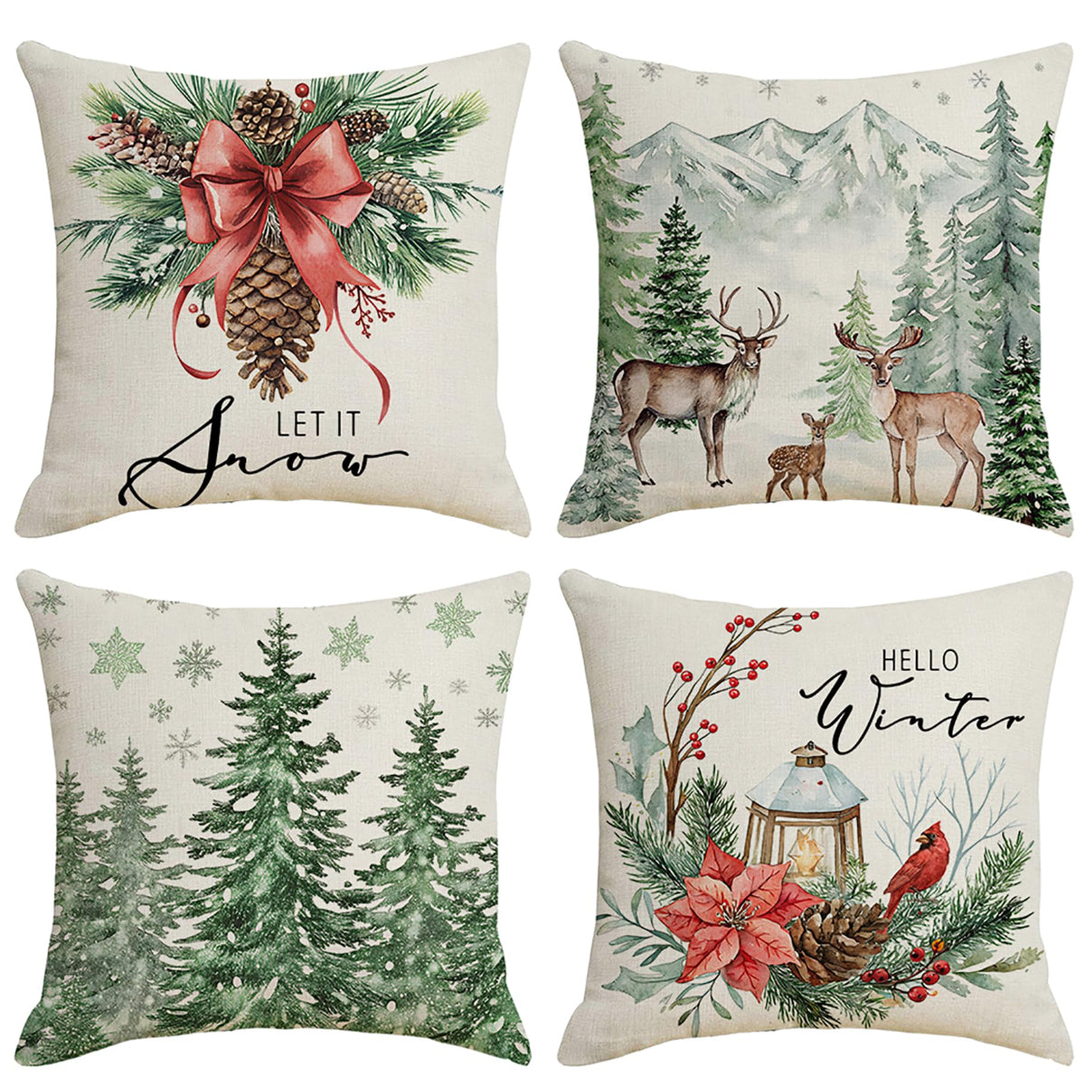 Ni-JASW Woodland Christmas Throw Pillow Covers 18x18 inch Set of 4, Watercolor Pine Tree Deer Let It Snow Cushion Covers for Couch Sofa Bed, Winter Holiday Decor