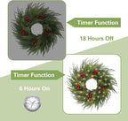 26'' Xmas Wreath with Lights,Large Norfolk Pine Wreaths with Red Berry and 50 LEDs, Battery Operated Christmas Reef with Timer for Door Window Winter Porch Decor