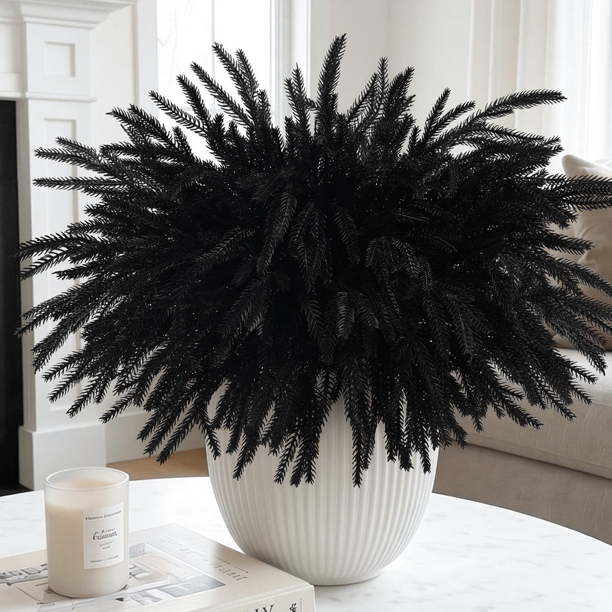N&T NIETING 12Pcs Halloween Norfolk Pine Stems, 24'' Long Artificial Black Norfolk Pine Branches, Real Touch Picks, Faux Floral Branch for Mantel DIY Xmas Home Decoration Indoor Christmas Decor