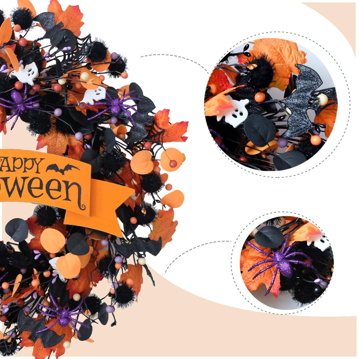 22 Inch Halloween Orange Black Boxwood Wreath with Ghost Spider for Front Door, Soft Touch Boxwood Berries Wreath for Indoor Outdoor, Happy Halloween Sign Wreaths for Home Decor
