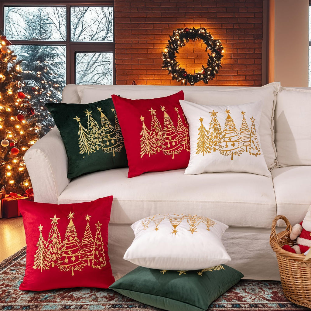 GEEORY Christmas Pillow Covers 18x18 Inch Set of 2, Xmas Decorations Tree Luxurious Velvet Embroidered Throw Pillows Farmhouse Winter Holiday Decor Cushion Case for Sofa & Bed White GX007-18