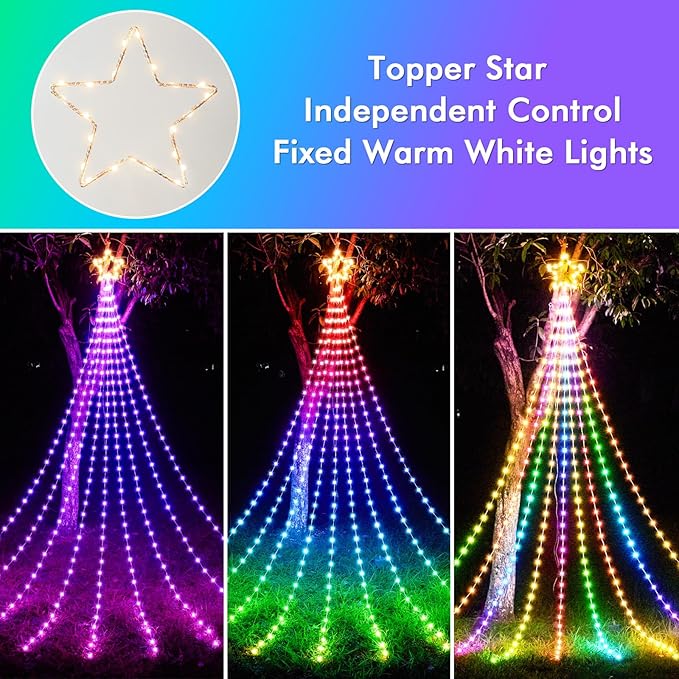 Outdoor Christmas Decorations, 11.8FT RGB Color Changing Christmas Hanging Waterfall String Lights with Star, APP Remote Control, DIY Multi-Color Lightshow, Music Sync, Xmas New Year Decor