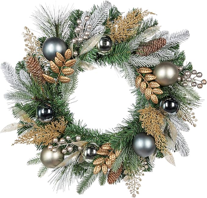 20 inch Christmas Door Wreath, Norfolk Pine Wreaths for Front Door with Silver Ball Glittered Leaf Spray Stems Pinecones Berries for Fireplace Xmas Decorations, Wall Window Indoor Outdoor Decor