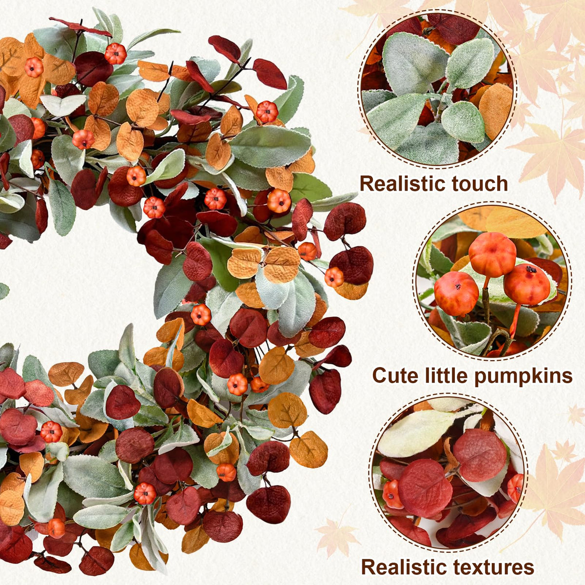 Waipfaru Fall Decor, 26 Inch Fall Wreaths for Front Door, Autumn Door Wreath with Lambs Ears Leave Eucalyptus Leaves Pumpkin Thanksgiving Harvest Halloween Farmhouse Home Outdoor Porch Indoor Decor