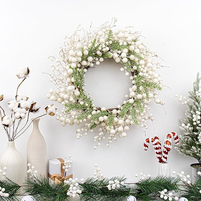 20 Inches White Christmas Wreath Farmhouse Christmas Wreaths for Front Door Rustic Winter Wreath with White Berry Fir Pine Needle for Doors Window Indoors Porches Outside