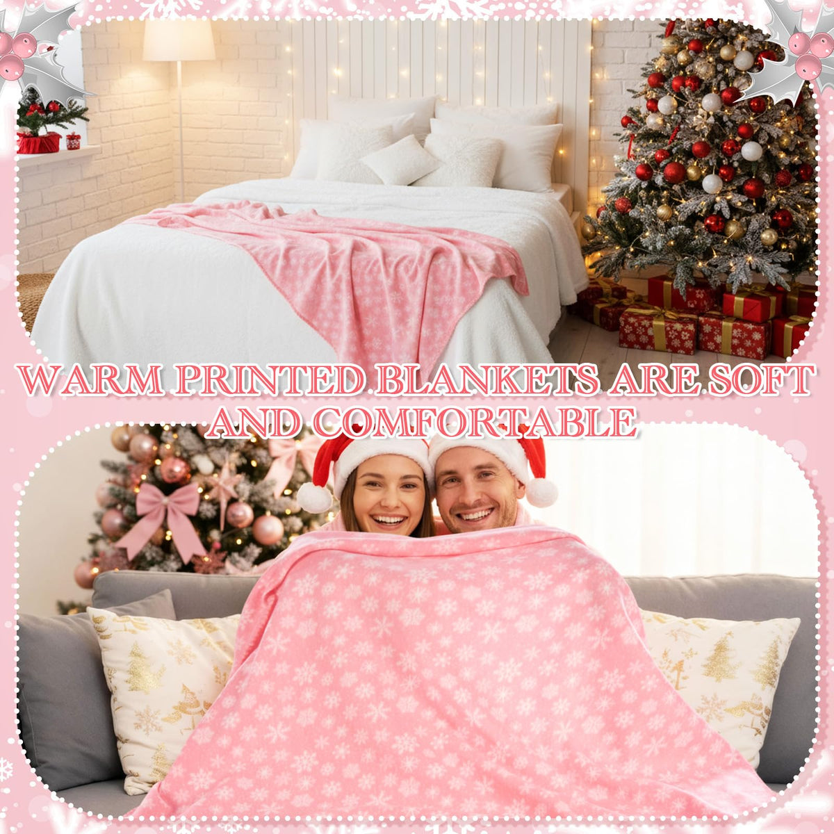 Moukeren 24 Pcs Christmas Snowflake Throw Blanket Bulk, 59 x 47 Inch Xmas Winter Throw Blanket Christmas Warm Soft Cozy Fleece for Home Bedding Couch Chair Gift (Pink)