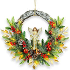 YULETIME 24" Angel Christmas Wreath, Artificial Holiday Wreath with Resin Angel Statue, Natural Rattan Ring & Pine Cones, Golden Leaves, Red Baubles, Spruce Branches, Snowy Pine Needles