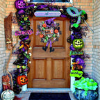 Vofuly Halloween Wreath, 20" Mesh, Orange, Green, Black, Copper, Witch Legs, Pumpkin & Witch, Fun Porch Decor