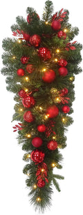 3.5 Feet Pre-lit Christmas Ornament Artificial Pine Teardrop w 23 Red Balls Real Grapevine Base (30 LED Lights, 8 Flash Options) for Xmas Decor at Shop Home Table Cabinet Door Wall Window (Battery)
