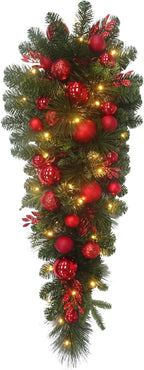 3.5 Feet Pre-lit Christmas Ornament Artificial Pine Teardrop w 23 Red Balls Real Grapevine Base (30 LED Lights, 8 Flash Options) for Xmas Decor at Shop Home Table Cabinet Door Wall Window (Battery)