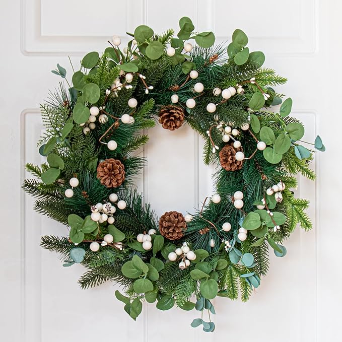 20 Inches Vintage Christmas Wreath Classic Christmas Wreaths for Front Door Rustic Holiday Winter Wreath with White Berry Pine Cones for Doors Windows Indoors Outside Hanging Decoration