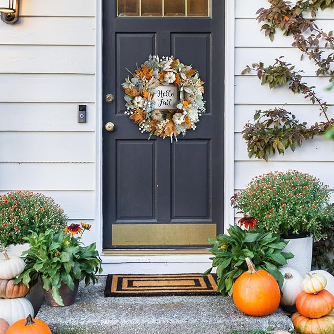 20inch Thanksgiving Fall Wreath, Eucalyptus Berries Pumpkins Lamb Ears Leaves Autumn Wreaths for Front Door, Fall Decor, Porch Wall, Home Outdoor Holiday Decorations Wreath for Autumn