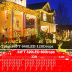 SAUIRS 2Pack 320 LED Christmas Lights Outdoor Decorations with 120 Drops Timer 8Mode 66FT Curtaing Lights Waterproof Plug in Fairy Lights for Indoor,Xmas,Party,Patio,Window,Trees Decor(Warm White)