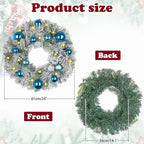 24 inch Christmas Wreath,Winter Pine Wreaths with Blue Ball LED Lights for Front Door for Fireplace Xmas Decorations, Wall Window Indoor Outdoor Decor
