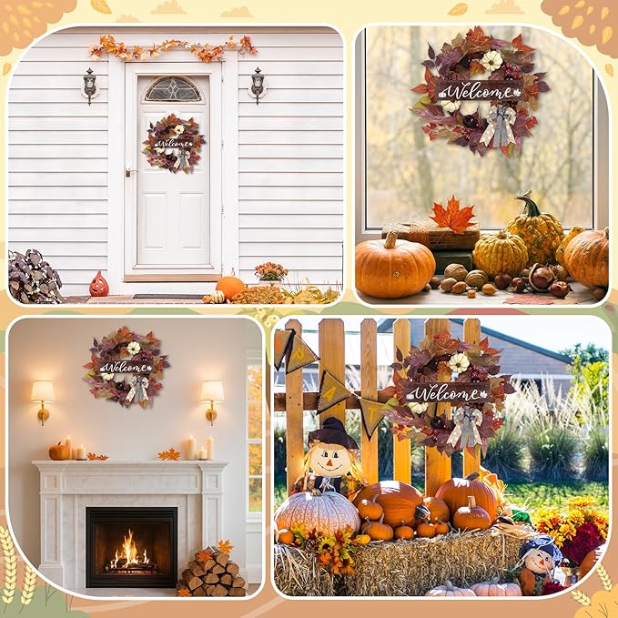 Fall Wreaths for Front Door Outside Decor, 20" Berries Brown Maple Leaves Pumpkins Wreath Decorations with Bow and Hanging Sign for Thanksgiving Home Outdoor Indoor Porch Harvest Autumn