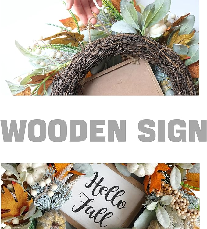 20inch Thanksgiving Fall Wreath, Eucalyptus Berries Pumpkins Lamb Ears Leaves Autumn Wreaths for Front Door, Fall Decor, Porch Wall, Home Outdoor Holiday Decorations Wreath for Autumn