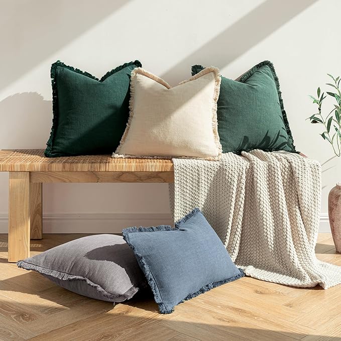 MIULEE Christmas Decorative Throw Pillow Covers Neutral Linen Fringe Throw Pillows Set of 2 Army Green Boho Farmhouse Cushion Covers with Tassels for Couch Sofa Bed Living Room Home Decor 20x20 Inch