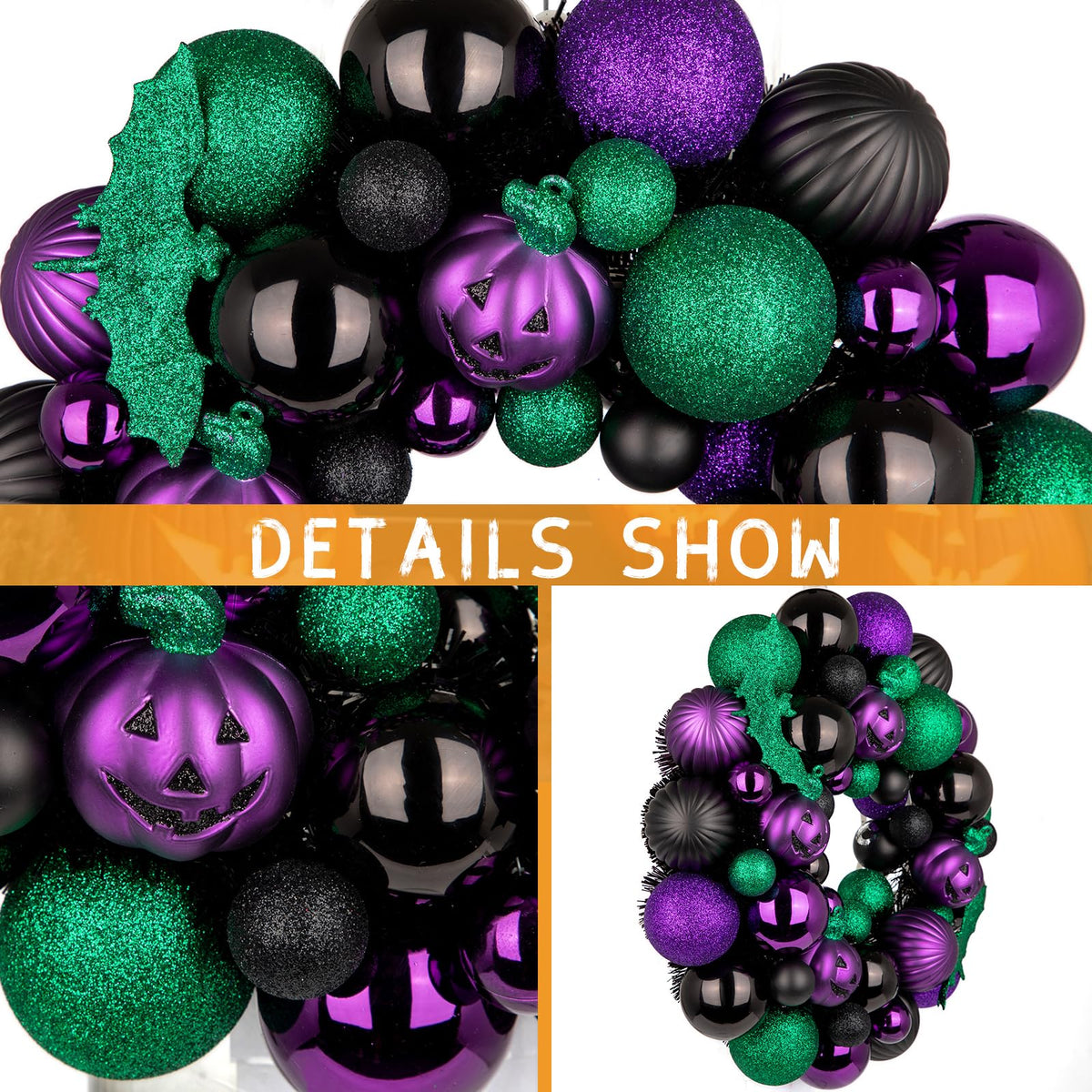 Halloween Wreath for Front Door, 13 inch Small Halloween Ball Wreath with Pumpkins Bats Shatterproof Front Door Wreaths Green/Purple/Black Ball Ornament for Wall Mantel Porch Indoor Outdoor Decor
