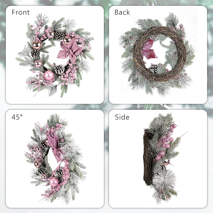 20" Christmas Wreaths for Front Door, Artificial Christmas Wreath Decoration with Lights, Winter Wreaths with Pine Cones,Bow,Balls Ornaments for Indoor Outdoor Home Decor (Pink)
