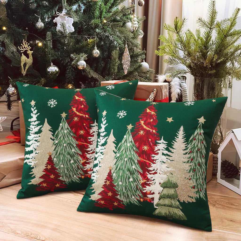 Artscope Christmas Tree Throw Pillow Covers 18x18 Inch Set of 2, Winter Hoilday Christmas Decoration Pillow Cases for Home Decor-Green
