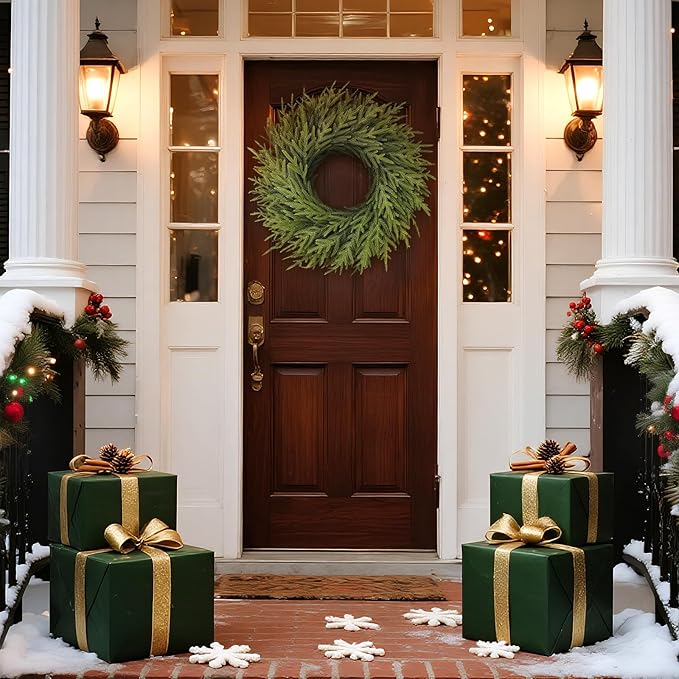 26" Norfolk Pine Wreath for Front Door, Artificial Christmas Wreaths Faux Green Fake Pine Needles Wreath for Front Door Wall Windows Indoor Outdoor Christmas Decor