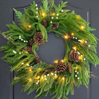 Prelit Christmas Wreaths for Front Door 24 Inch- Real Touch Norfolk Pine Wreath with Lights,Green Evergreen Outdoor Xmas Wreath with Natural Pine Cones and Berries for Farmhouse Home Decor