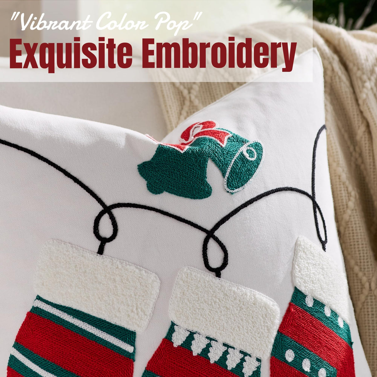 Farmhouse Christmas Pillow Covers 18x18 Set of 2, Xmas Embroidered Throw Cushion Cases with Festive Patterns for Rustic Home Holiday Decor (New Year White, 18" x 18" (Pack of 2))