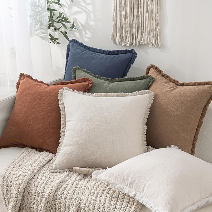 MIULEE Christmas Decorative Throw Pillow Covers Neutral Linen Fringe Throw Pillows Euro Shams Set of 2 Natural Beige Boho Farmhouse Cushion Covers for Couch Sofa Bed Living Room Home Decor 28x28 Inch